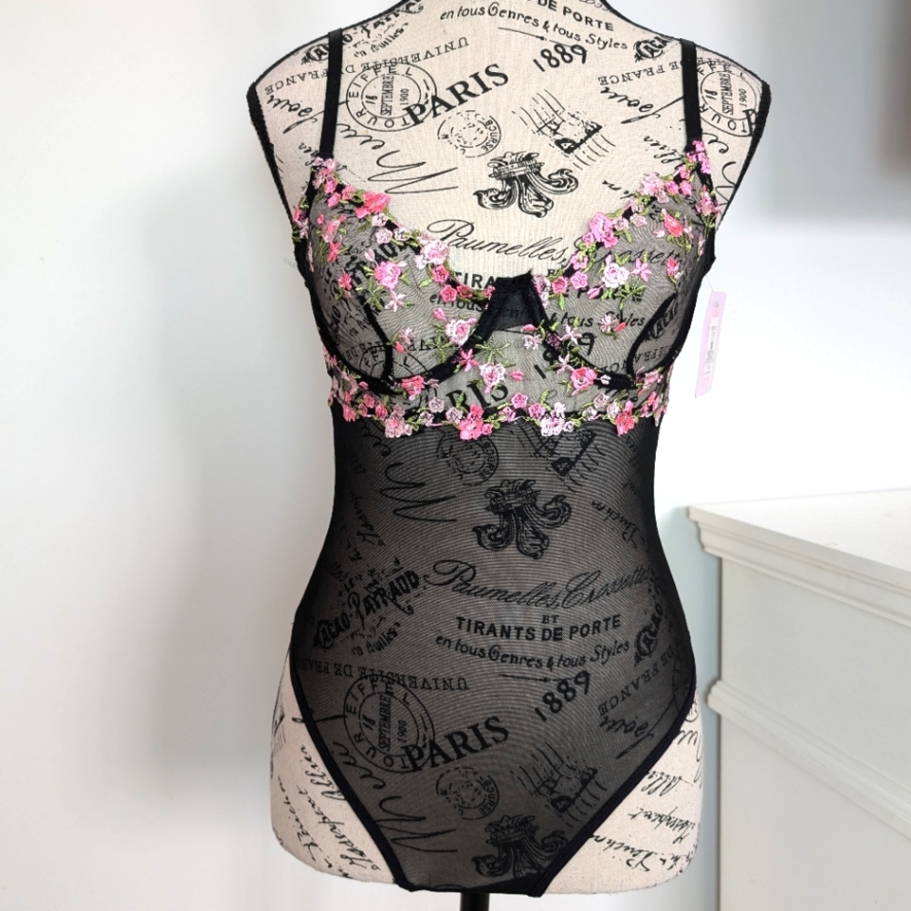 Sheer Black Floral Embroidered Lace Bodysuit